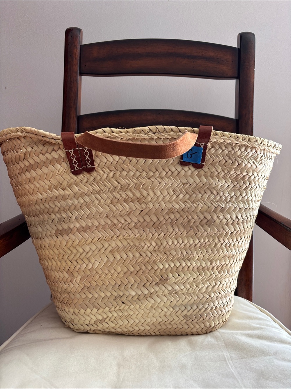 Irregular Woven Straw Tote Bag with Brown Leather Handles "G”